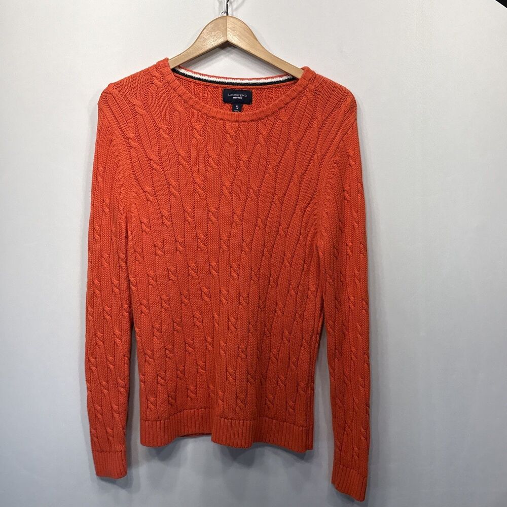 Lands’ End Drifter Sweater Women’s XL Orange Chunky Cable Knit Cotton Pullover